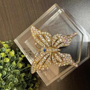Vintage Gold-Tone Aurora Borealis Crystal Butterfly Brooch